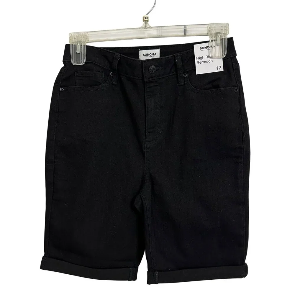 Sonoma Womens High Rise Black Denim Bermuda Shorts Size 12 Cotton Blend - Picture 1 of 9